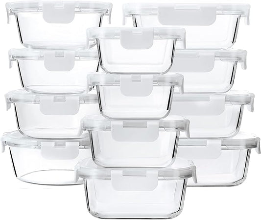 M MCIRCO 24-Piece Glass Food Storage Containers with Upgraded Snap Locking Lids,Glass Meal Prep Containers Set - Airtight Lunch Containers, Microwave, Oven, Freezer and Dishwasher,White