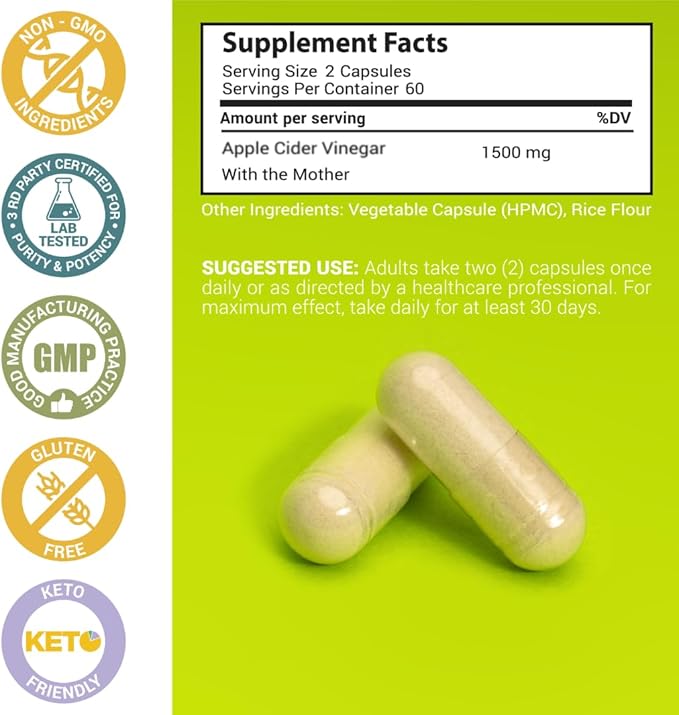 Raw Apple Cider Vinegar Capsules with Mother, 1500mg ACV Pills - Boost Energy, Support Immunity & Digestion & Weight Management for Women & Men - 2 Pack