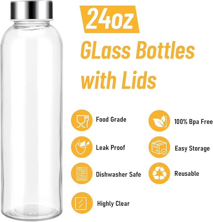 Sursip 24oz Glass Water Bottle Set of 6, Leak Proof Clear glass juice bottle for juicing, Reusable Drinking Bottles with Stainless Steel Lid, Beverage Storage Containers for Refrigerator-BPA Free