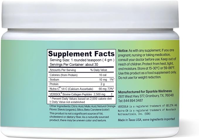 Sparkle Skin Boost Orange Verisol Collagen Peptides Protein Powder Vitamin C Supplement Drink, 5.3oz