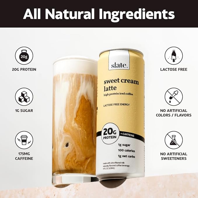 Slate Milk - High Protein Iced Coffee - Sweet Cream Latte - 175mg Caffeine, Lactose Free Energy - 20g Protein, 1g Sugar, 100 Calories, 1g Net Carbs, No Sugar Added - Protein Coffee - 11 fl oz, 12 Cans