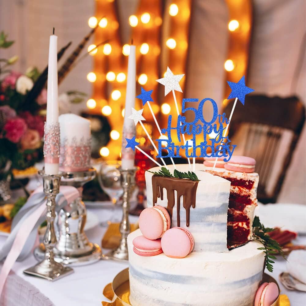 Glittery 50th Happy Birthday Cake Topper with Star,Personalised 50 Birthday Cake Toppers Party Decorations Party Supplies for Men Women Blue