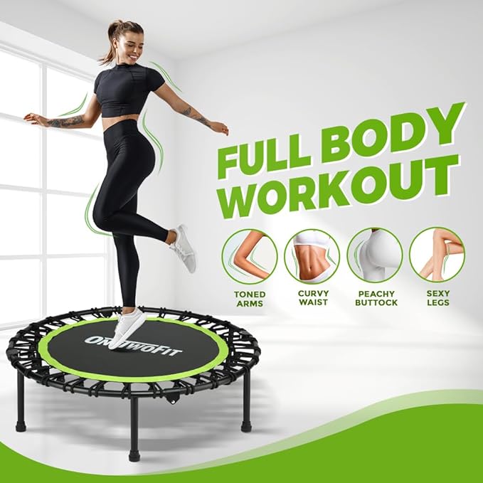 ONETWOFIT Foldable Rebounder Trampoline for Adults, 40/42/45” Mini Fitness Trampoline W/Adjustable Foam Handle Bungees, Quiet Exercise Trampoline for Personal Indoor Workout