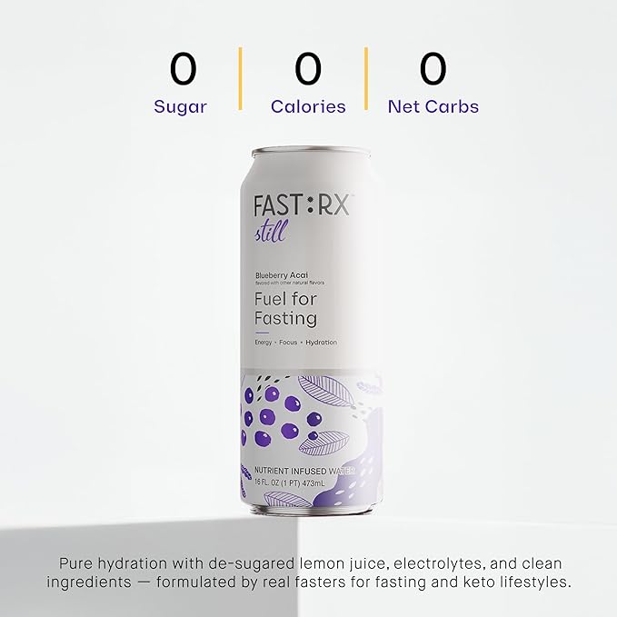 FASTRX Blueberry Acai Still Fasting Electrolyte Drink – Hunger Suppressant, Includes Essential Electrolytes and Vitamins, De-Sugared Blueberry Juice – Zero Sugar, 16 Fl Oz, Pack of 12