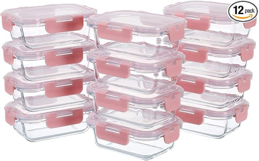Small Glass Food Storage Containers 12 Pack-12oz Glass Containers with Lids for Meal Prep, Food Storage, Freezer to Microwave Safe, Air-Tight, Leak-Proof, Pink Set