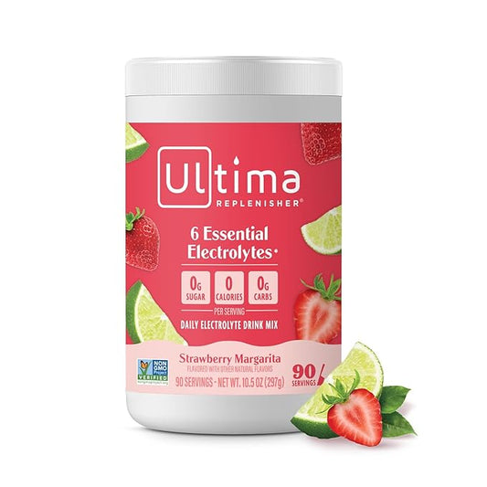 Ultima Replenisher Daily Electrolyte Powder Drink Mix – Sugar Free – Strawberry Margarita, 90 Servings – Hydration Powder with 6 Key Electrolytes and Trace Minerals – Keto Friendly, Non-GMO