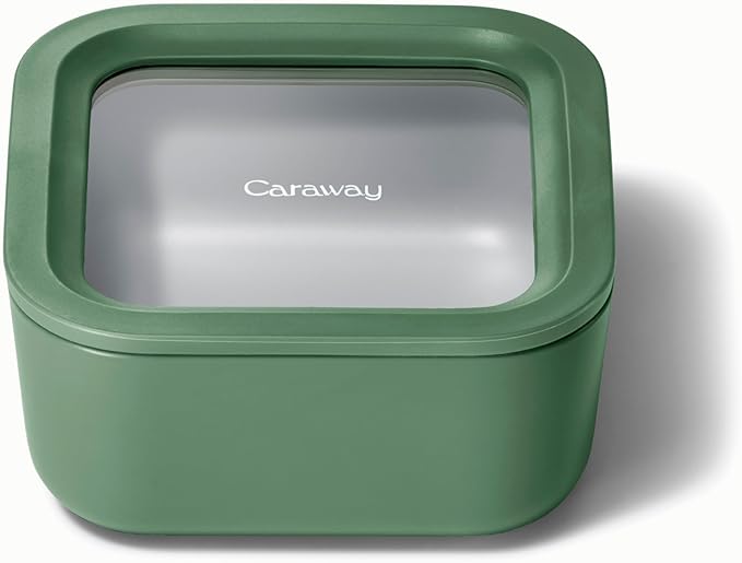 Caraway Glass Food Storage, 4.4 Cup - Ceramic Coated, Non-Toxic, Non-Stick Lunch Box With Glass Lids - Easy to Store, Dishwasher, Oven, & Microwave Safe - Sage