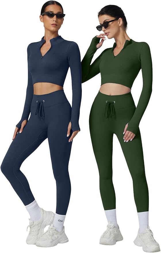 QINSEN Workout Sets for Women 2 Piece Seamless Long Sleeve Crop Tops Ribbed High Waist Leggings