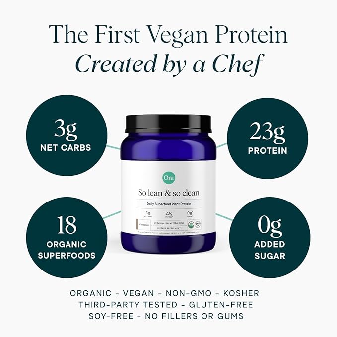 Ora Organic Vegan Protein Powder - 23g Plant Protein for Women and Men - Chocolate Flavor 20 Servings, Bloat-Free, Gluten Free, Non-GMO, No Artificial Sweeteners