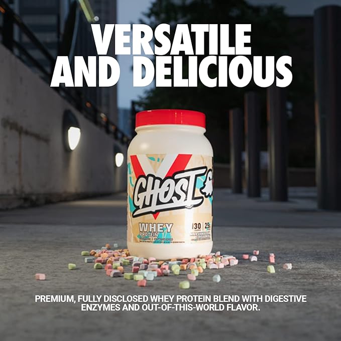 GHOST Whey Protein Powder, Marshmallow Cereal Milk - 2LB, 25G of Protein - Whey Protein Blend - Post Workout Fitness & Nutrition Shakes, Smoothies, Baking & Cooking - Soy & Gluten-Free