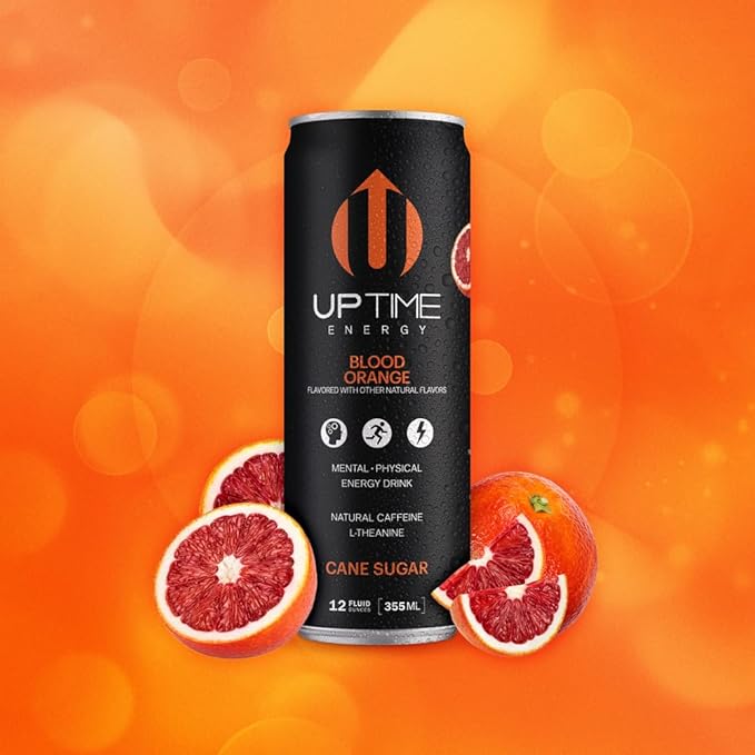 UPTIME Energy Drink, Blood Orange Cane Sugar, 12 Pack, Vitamin C, L Theanine, Calcium, Energy Drinks for Focus Support, 142mg of Natural Caffeine per Serving, Clean, Natural, Non GMO, 12 fl oz Cans