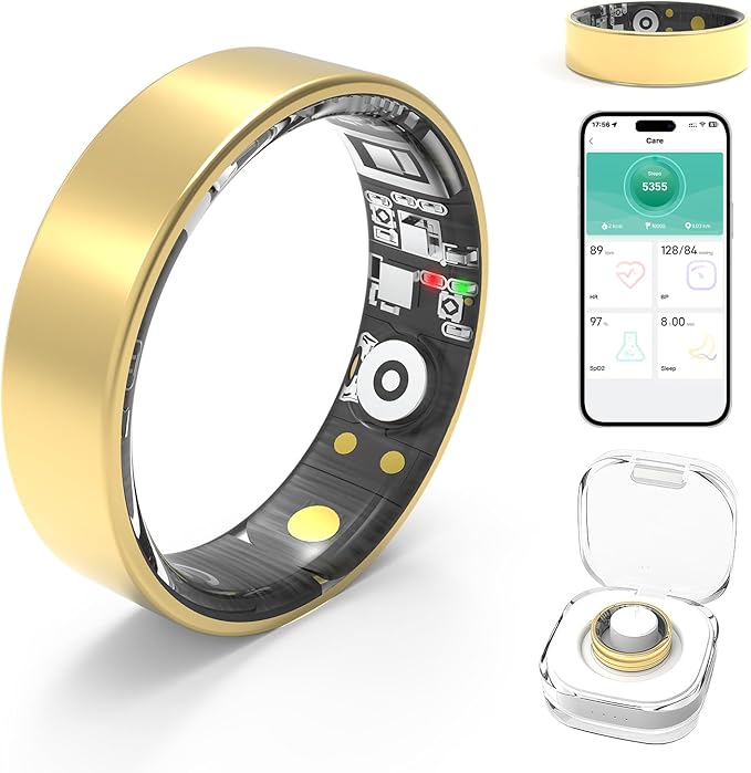 Smart Rings for Women Men,Fitness Tracker Ring,Heart Rate,Blood Oxygen,Blood Pressure,Step Tracker,Sleep Monitoring,No Subscription Fee,IP68 Waterproof Smart Ring for iphone&Android(Gold 11)