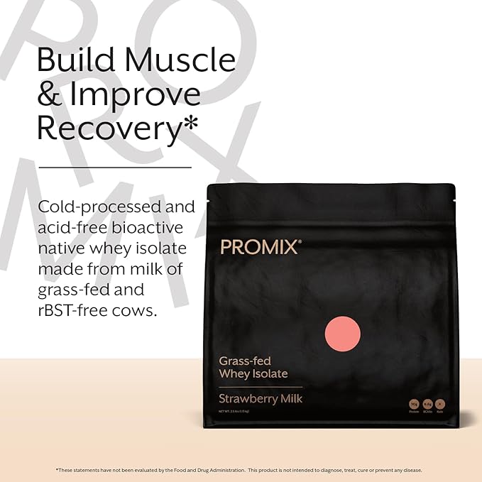Promix Whey Protein Isolate Powder, 31g Grass Fed Whey Isolate, 6.6g BCAAs, Gluten Free, Keto Friendly, Strawberry Milk, 2.5lb