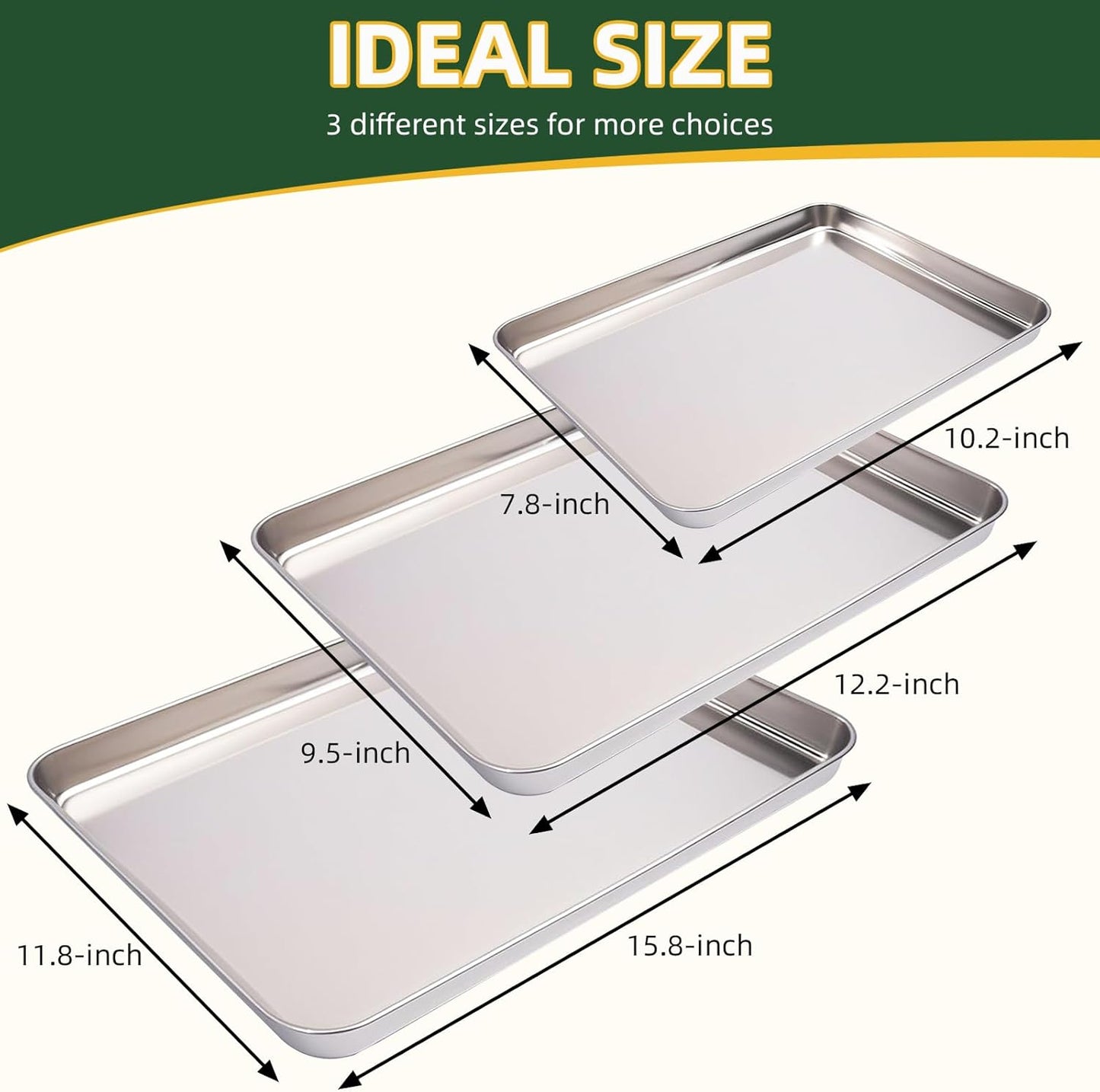 KEKEGO 4-piece set Multipurpose 304 Stainless Steel Baking Tray with Cooling Rack, 10/12/16 Inch,Rectangular Pan for Baking, Grilling, Food Prep, Draining, Non Toxic & Heavy Duty & Easy Clean