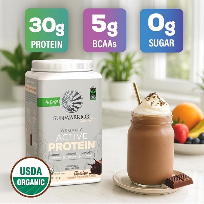 Sunwarrior Organic Plant Based Protein Powder | Vegan Organic Protein Powder with BCAA Amino Acids Plus Recovery Minerals & Botanicals | Non-GMO Soy Dairy & Gluten Free (Chocolate, 20 Servings)