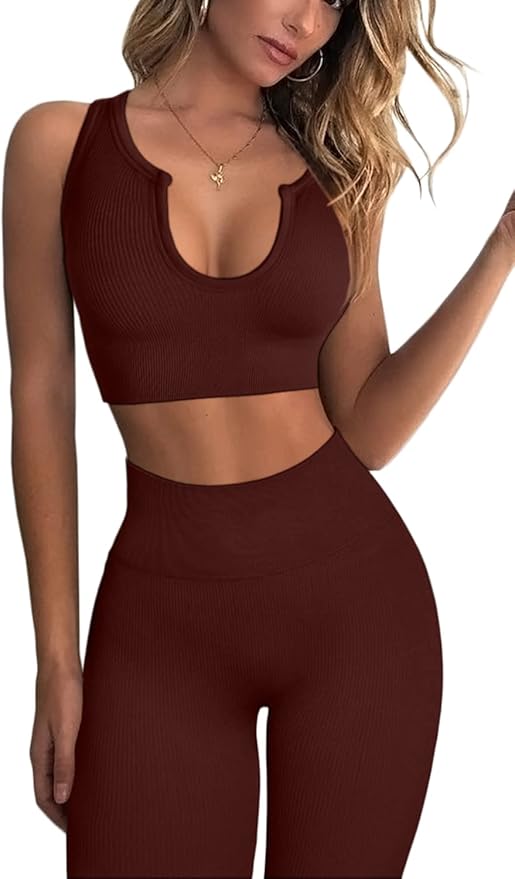 QINSEN Workout Outfits for Women 2 Piece Ribbed Seamless Crop Tank High Waist Yoga Leggings Sets