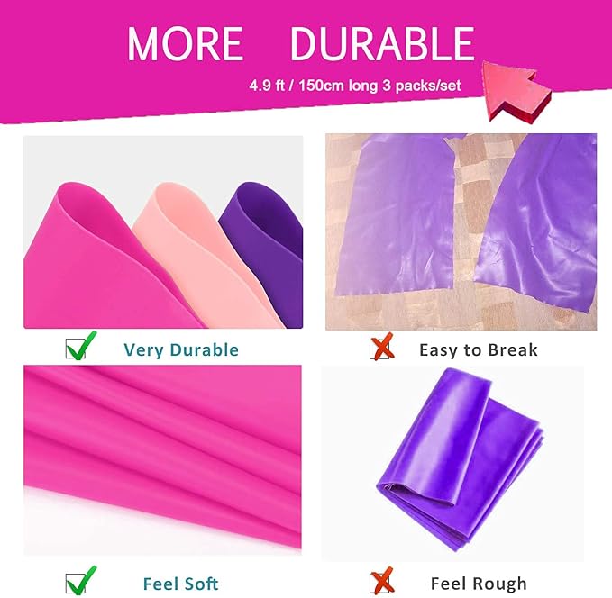 Therapy Flat Resistance Bands Set, Latex Free Flat Elastic Exercise Stretch Bands for Stretching, Flexibility, Pilates, Yoga, Ballet, Gymnastics, Rehab, Workout, Pink, Purple, Blue (3 Pack, 5 FT long)