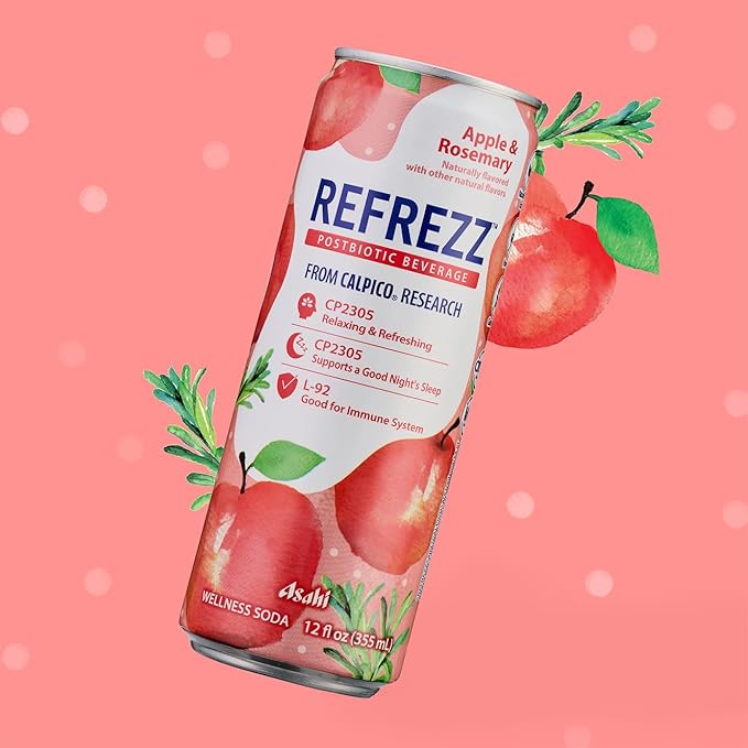 REFREZZ Postbiotic Beverage, Apple & Rosemary, Relaxing and Refreshing, Supports a Good Night's Sleep, Good for Immune System, Gluten Free, Non‑GMO, 35Calories, 12oz (12Cans)