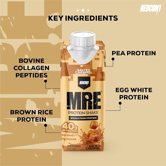 REDCON1 MRE Ready to Drink Protein Shakes, Salted Caramel - Protein Drinks with Whole Food Sources - Sugar Free RTD Shake Formulated to Fuel Athletes at Any Time (12 Pack)