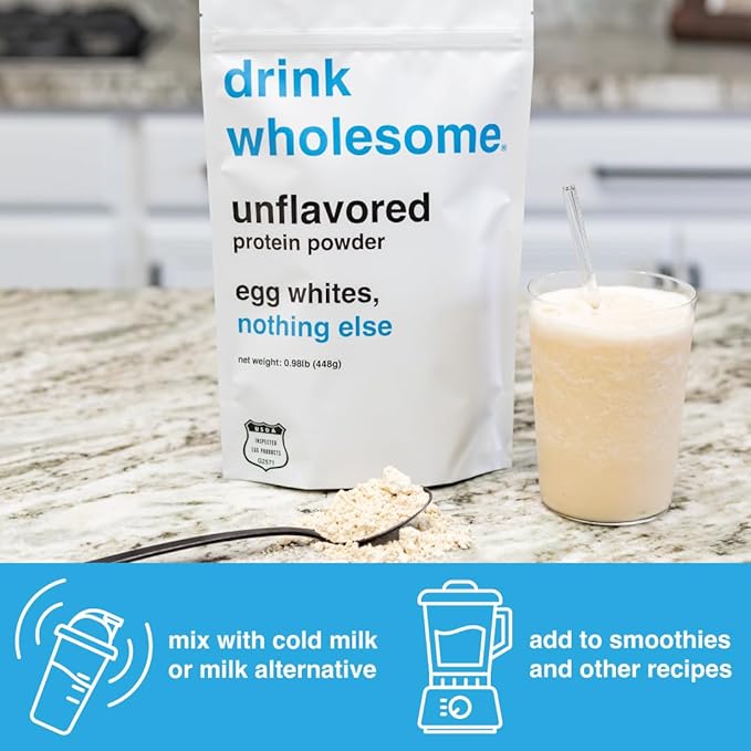 drink wholesome Unflavored Egg White Protein Powder | for Sensitive Stomachs | Gut Friendly | Dairy Free | Low FODMAP | No Artificial Sweeteners | No Bloating or Gas | No Constipation or Diarrhea