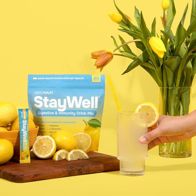Nouri Daily StayWell Digestive & Immunity Drink Mix | Supports Gut Health, Digestion, Immunity & Energy | Probiotics, Prebiotics, Colostrum & Daily Vitamins | 30 Stick Packs