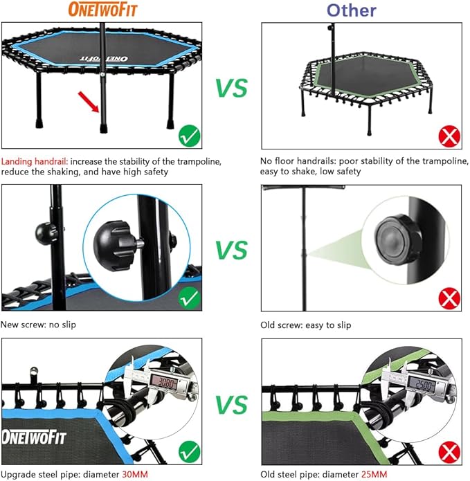 ONETWOFIT 48" Silent Mini Trampoline with Adjustable Handle Bar Fitness Trampoline Bungee Rebounder Jumping Cardio Trainer Workout for Adults