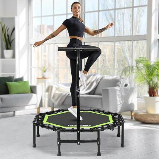 ONETWOFIT Foldable Rebounder Trampoline for Adults, 40/42/45” Mini Fitness Trampoline W/Adjustable Foam Handle Bungees, Quiet Exercise Trampoline for Personal Indoor Workout