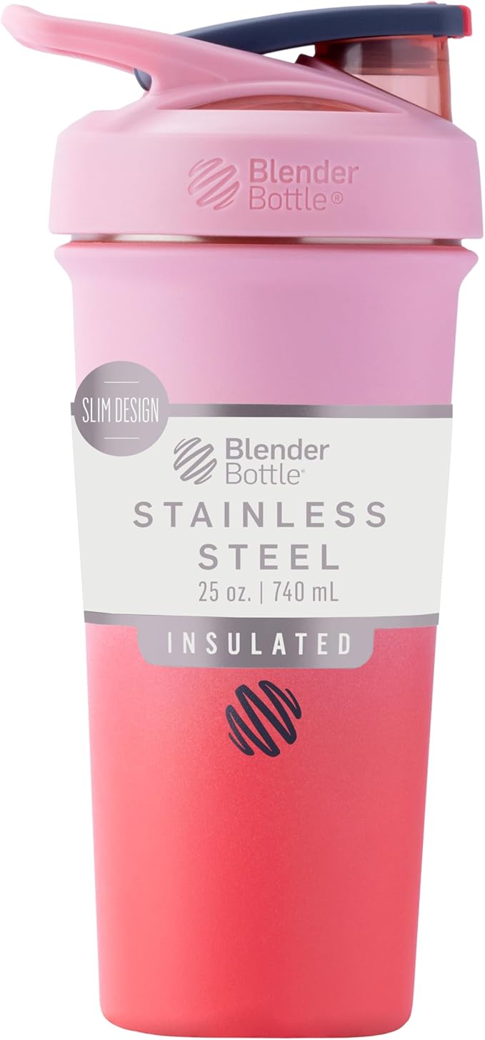 BlenderBottle Sport Sleek Insulated Stainless Steel Shaker Bottle with Wire Whisk, 25-Ounce, Flamingo Ombre – Protein Shakes & Hydration for Athletes & Fitness Enthusiasts, Easy Mixing, Slim Easy to Hold, Keeps Drinks Cold, Lockable Lid
