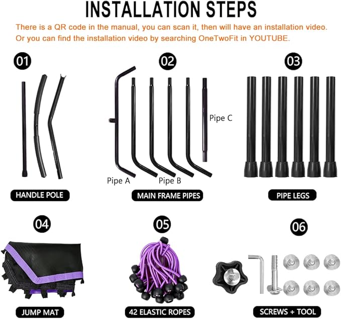 ONETWOFIT 48" Silent Mini Trampoline with Adjustable Handle Bar Fitness Trampoline Bungee Rebounder Jumping Cardio Trainer Workout for Adults