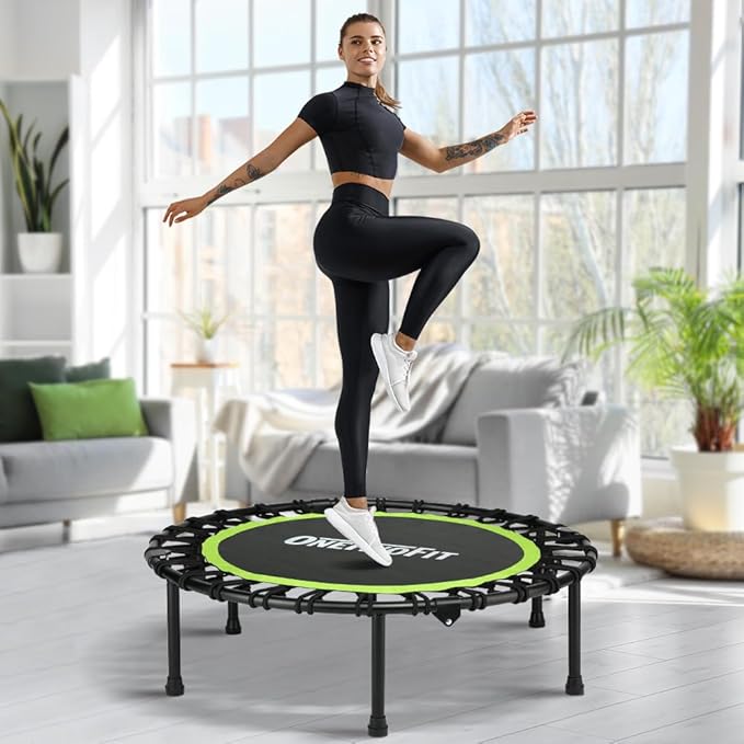 ONETWOFIT Foldable Rebounder Trampoline for Adults, 40/42/45” Mini Fitness Trampoline W/Adjustable Foam Handle Bungees, Quiet Exercise Trampoline for Personal Indoor Workout