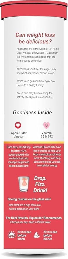 PURITEO-EQUACIDER Apple Cider Vinegar Effervescent Tablets with The Mother, Vegan, No Added Sugar, Non-GMO & Gluten-Free Tablet - (60 Tablets, Pack of 4)