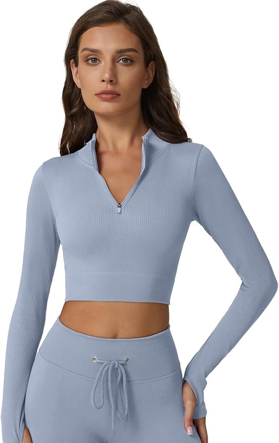 QINSEN Workout Sets for Women 2 Piece Seamless Long Sleeve Crop Tops Ribbed High Waist Leggings