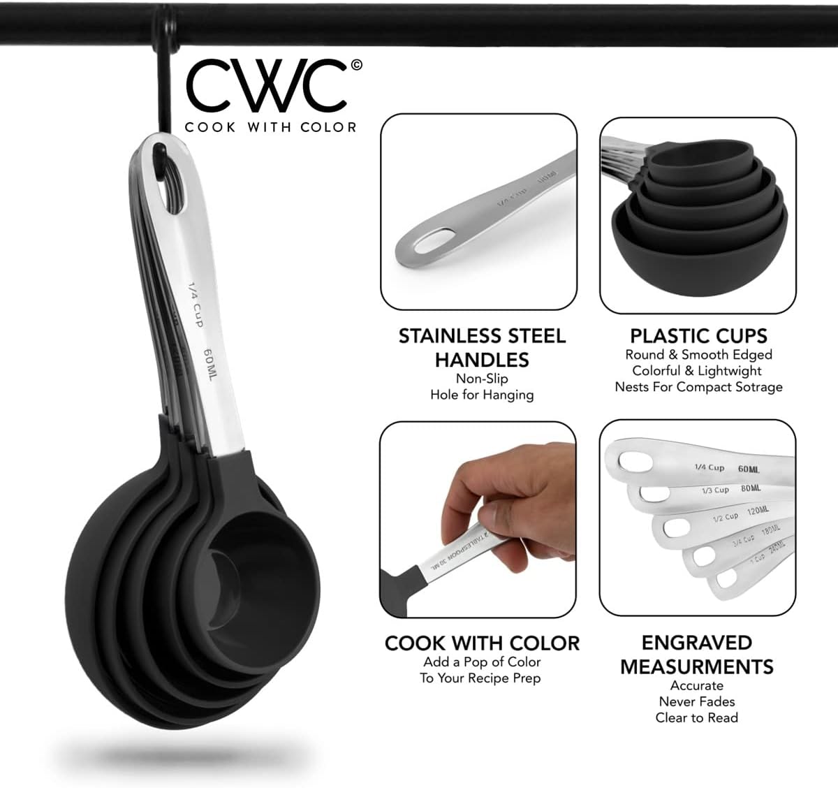 COOK WITH COLOR Measuring Cups Set and Measuring Spoon Set, Stainless Steel Handles, Nesting Kitchen Measuring Set, Liquid Measuring Cup Set, 12 PC Stainless Steel, Black
