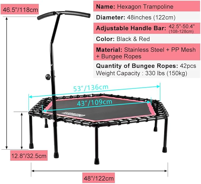 ONETWOFIT 48" Silent Mini Trampoline with Adjustable Handle Bar Fitness Trampoline Bungee Rebounder Jumping Cardio Trainer Workout for Adults