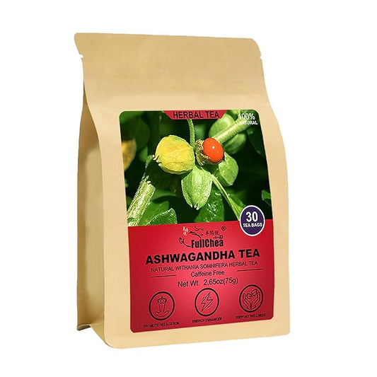 FullChea - Ashwagandha Tea, 2.5g X 30 Count - Sourced from India - Premium Natural Dried Cut & Sifted Root - Non-GMO - Caffeine-free - Rich in Antioxidants & Boost Energy
