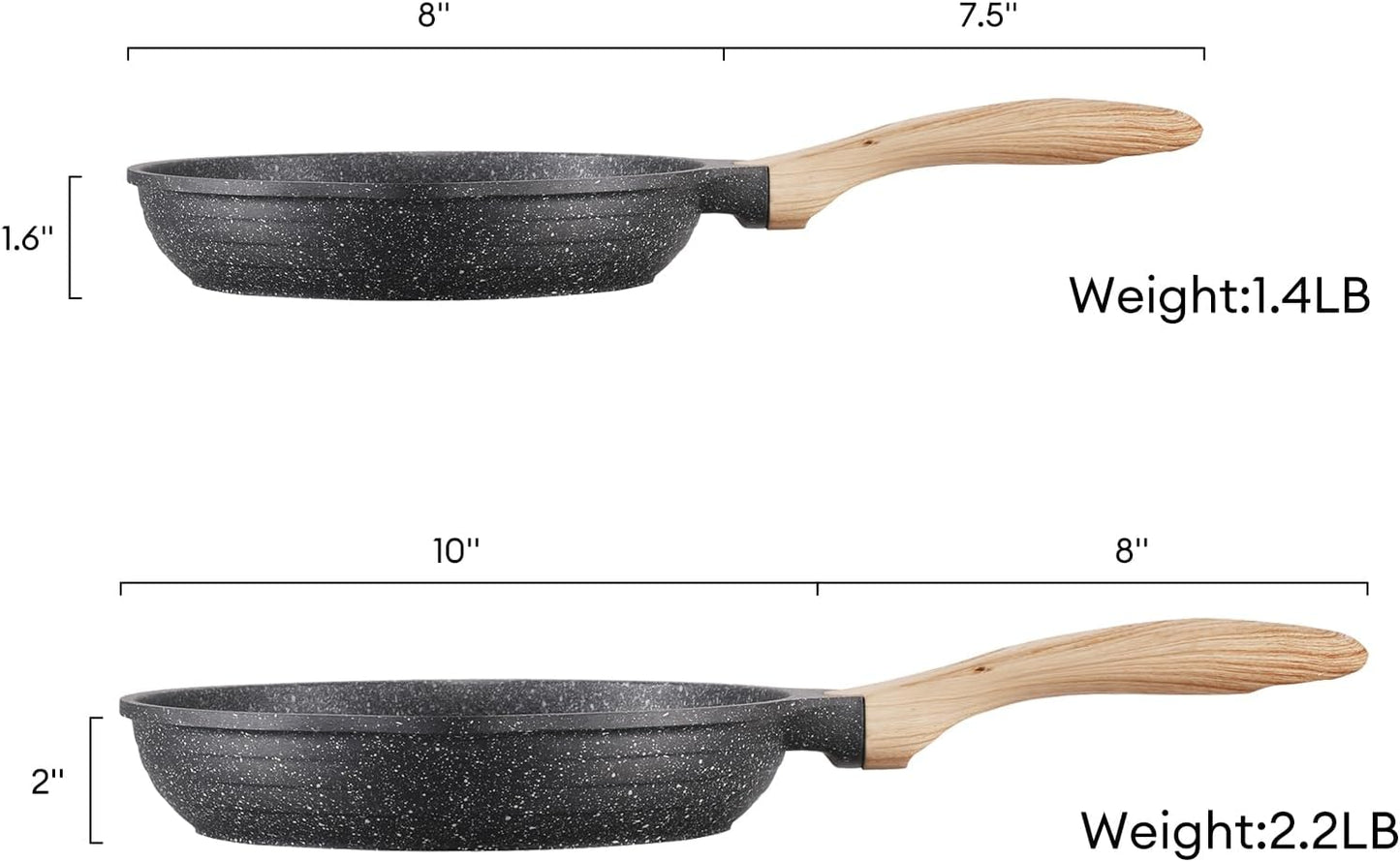 JEETEE Nonstick Frying Pans Set, Skillets Set 2 Pcs, 8" 10" Granite Non-Stick Frying pan, Nonstick Omelette Skillet with Soft Touch Handle, Grey