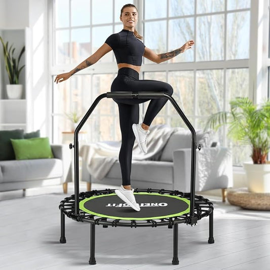 ONETWOFIT Foldable Rebounder Trampoline for Adults, 40/42/45” Mini Fitness Trampoline W/Adjustable Foam Handle Bungees, Quiet Exercise Trampoline for Personal Indoor Workout