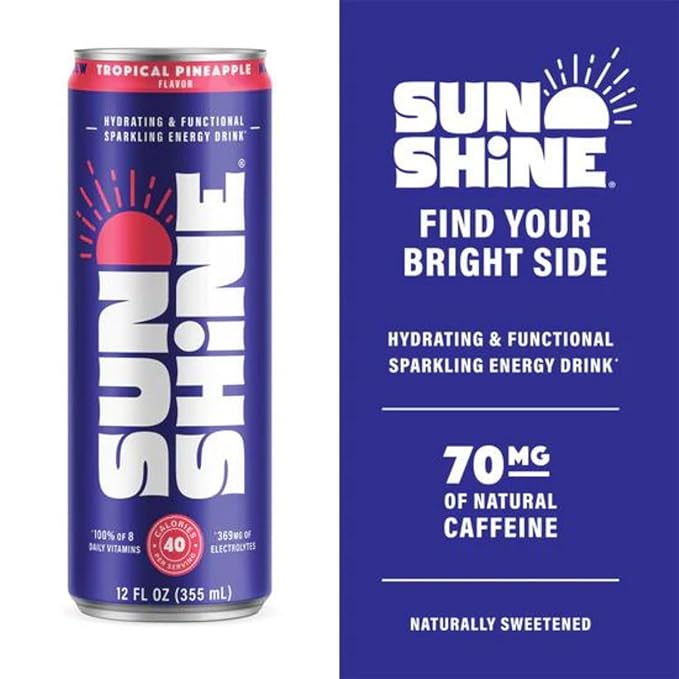 Sunshine Sparkling Energy Drink, Tropical Pineapple with Daily Essential Vitamins, 360mg of Electrolytes, 70mg of Natural Caffeine, 12 Fl Oz (Pack of 24)
