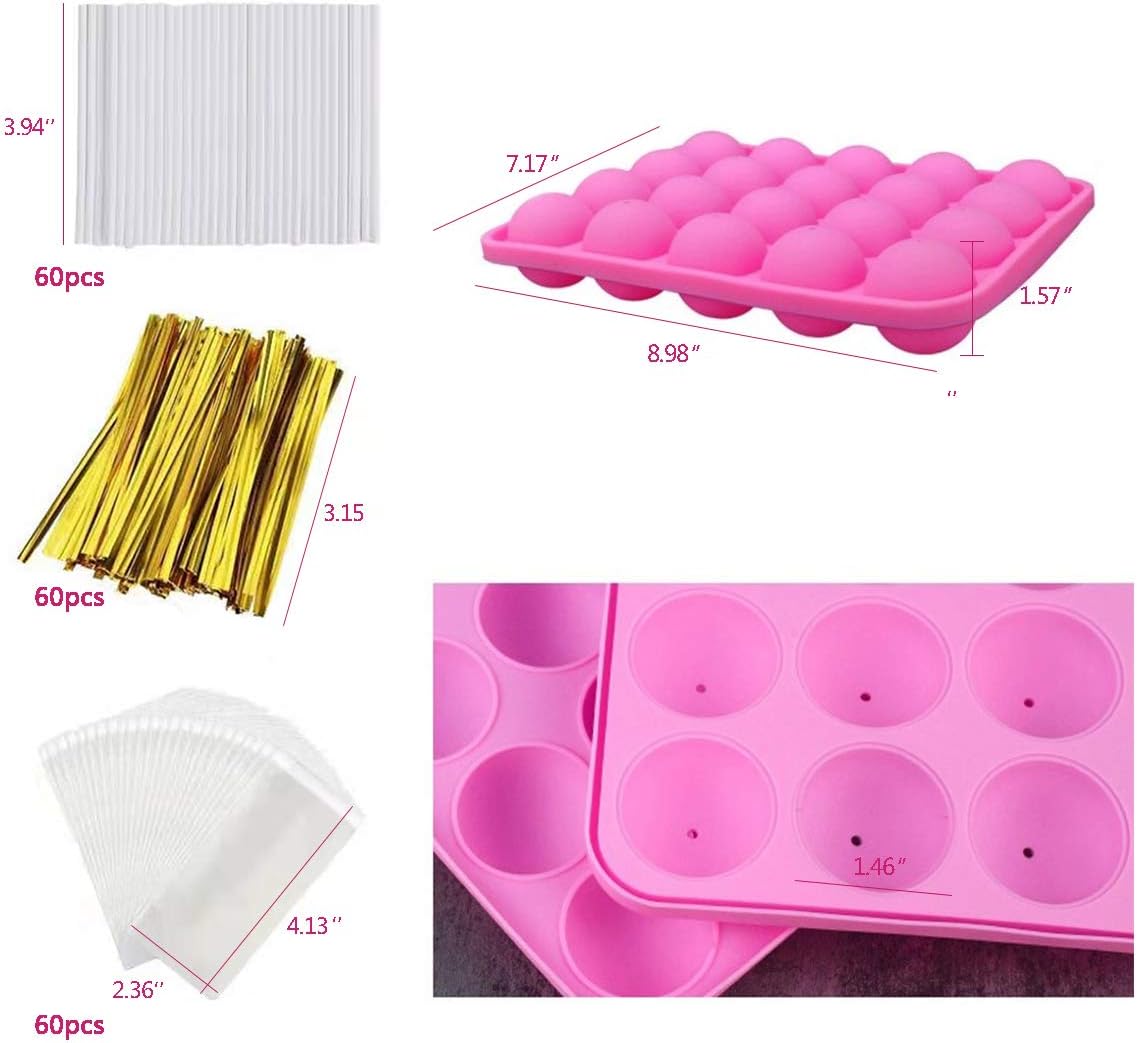 20-Cavity Silicone Cake Pop Mold Set With Lollipop Sticks, Treat Bags, Twist Ties - For Cake Pops, Lollipops, Hard Candy, and Chocolate