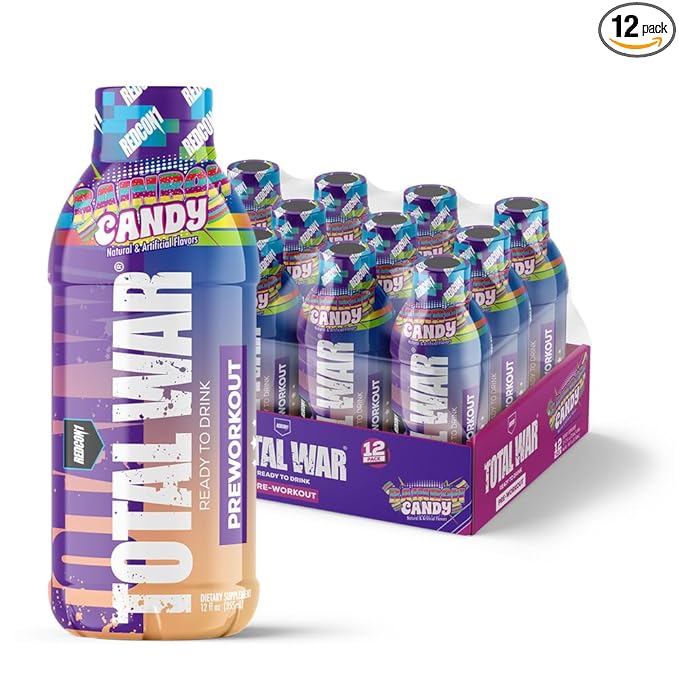 REDCON1 Total War Ready to Drink Pre Workout - Endurance Boosting, Keto Friendly RTD Formula - Amino Acid + Citrulline Malate Pre Workout Drink for Men & Women (Rainbow Candy, 12 Servings)
