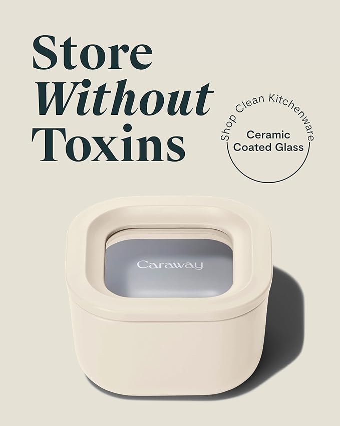 Caraway 6pc Food Storage Container Set - 1.75 Cup Glass Storage Container for Food (6) - Non-Toxic Ceramic-Coated Glass - Air Release Technology - Compact & Stackable Design - Cream