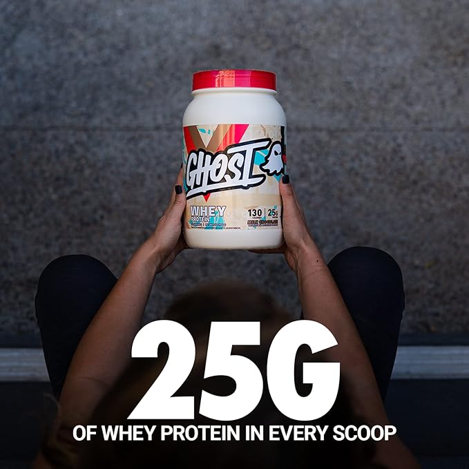 GHOST Whey Protein Powder, Milk Chocolate - 2LB, 25G of Protein - Whey Protein Blend - Post Workout Fitness & Nutrition Shakes, Smoothies, Baking & Cooking - Soy & Gluten-Free