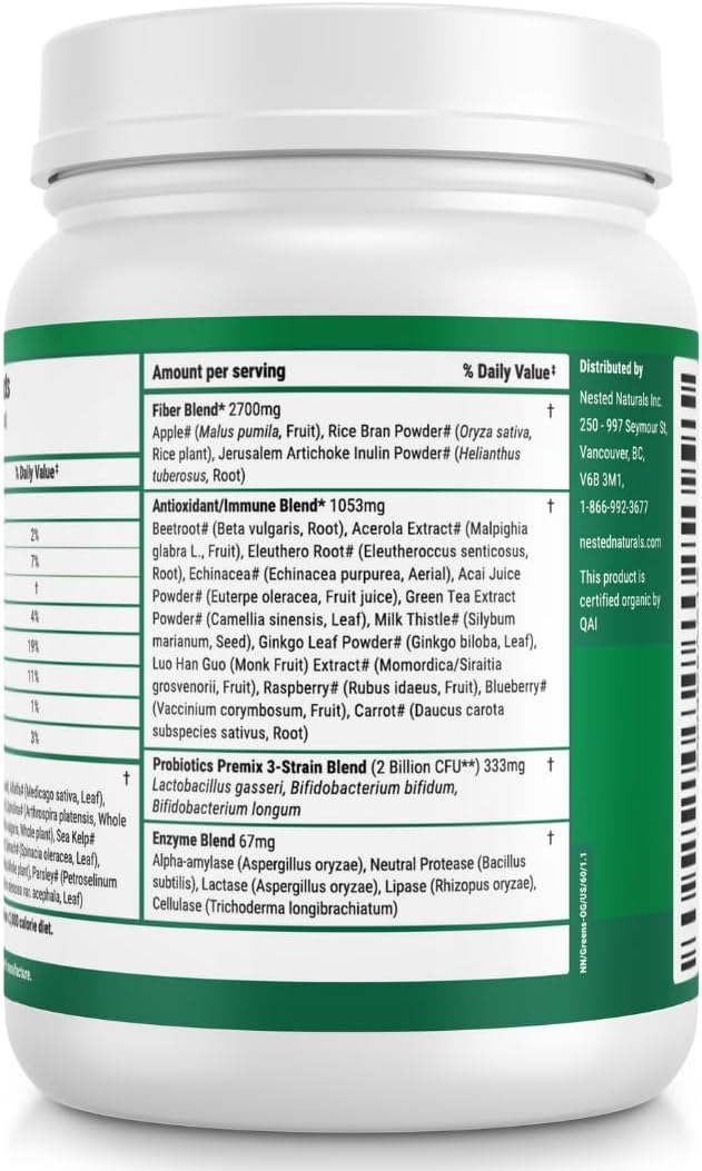 Nested Naturals Super Greens Daily Superfood Powder - Certified USDA Organic Green Powder w/20+ Whole Foods, Spirulina Powder, Wheat & Barley Grass - Probiotics, Fiber & Enzymes - Original Flavor, 60