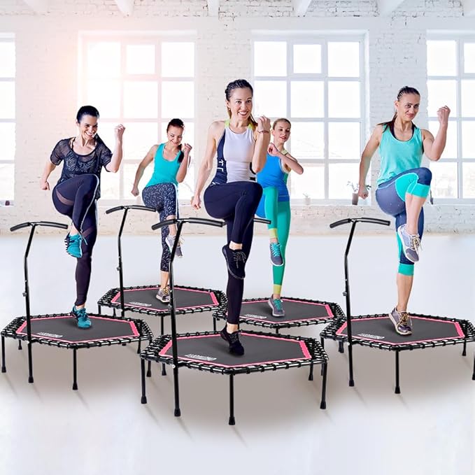ONETWOFIT 48" Silent Mini Trampoline with Adjustable Handle Bar Fitness Trampoline Bungee Rebounder Jumping Cardio Trainer Workout for Adults