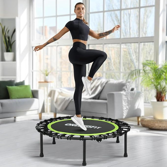 ONETWOFIT Foldable Rebounder Trampoline for Adults, 40/42/45” Mini Fitness Trampoline W/Adjustable Foam Handle Bungees, Quiet Exercise Trampoline for Personal Indoor Workout