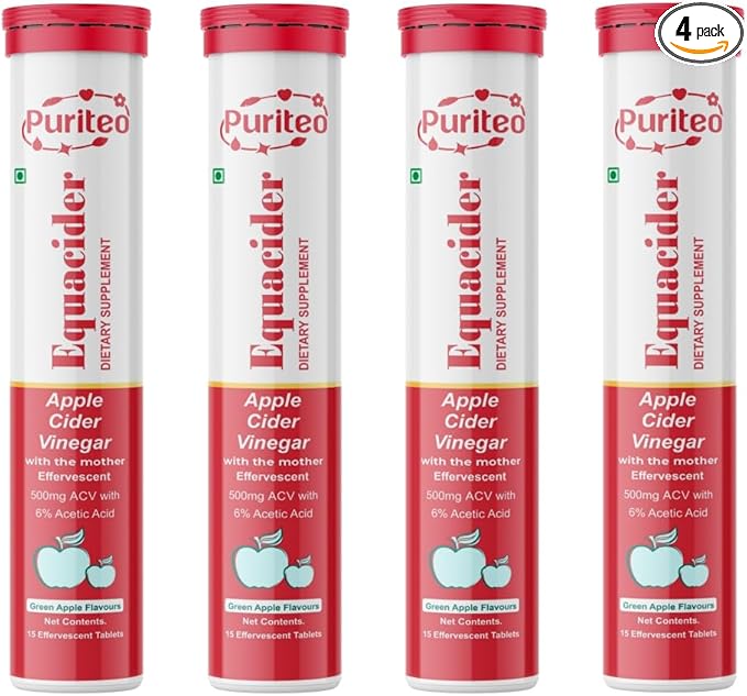 PURITEO-EQUACIDER Apple Cider Vinegar Effervescent Tablets with The Mother, Vegan, No Added Sugar, Non-GMO & Gluten-Free Tablet - (60 Tablets, Pack of 4)