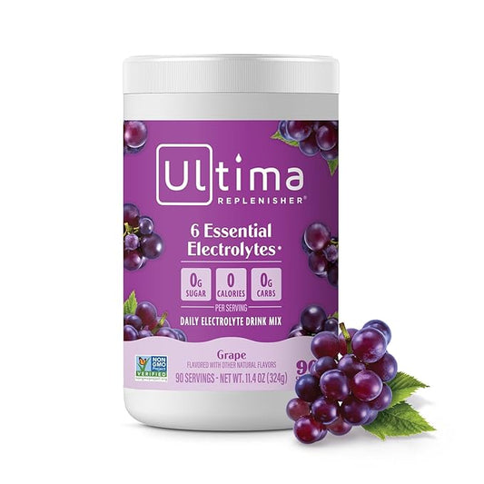 Ultima Replenisher Daily Electrolyte Powder Drink Mix – Sugar Free – Grape, 90 Servings – Hydration Powder with 6 Key Electrolytes and Trace Minerals – Keto Friendly, Vegan, Non-GMO