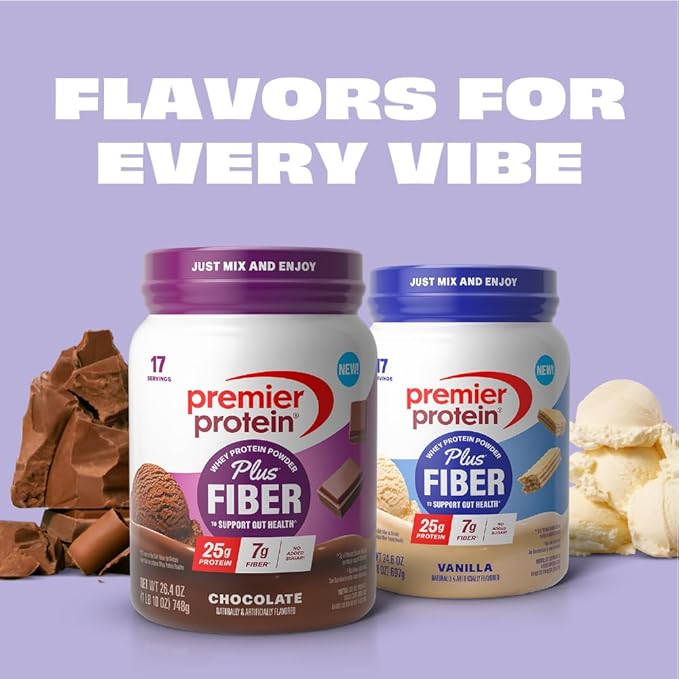 Premier Protein Powder Plus Fiber, 25g Protein, 7g Fiber, Chocolate, No Added Sugar,17 Servings