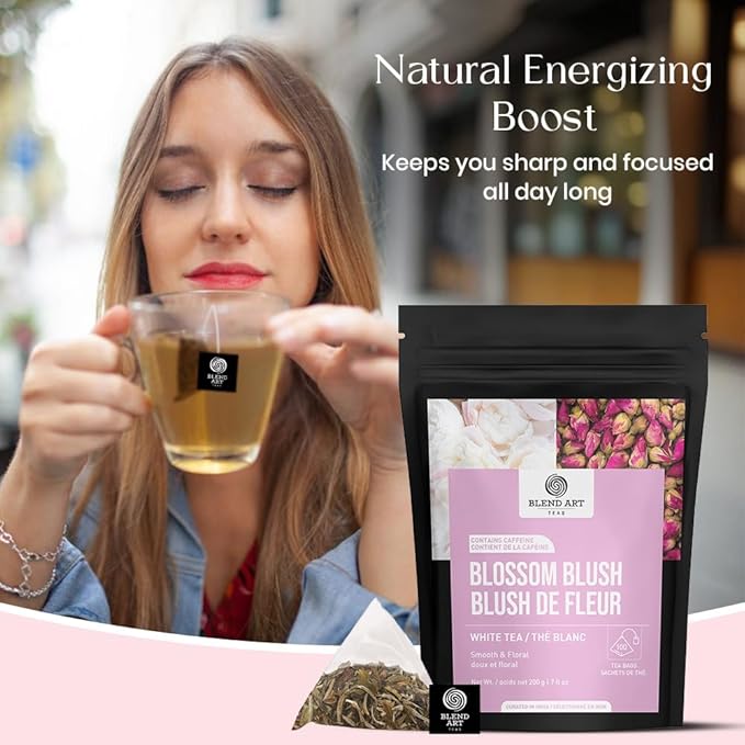 Blendart Blossom Blush Rose White Tea Bags Delicate Caffeinated Tea Made from Fresh Leaves. Natural Premium White Tea Bags -100 Pyramid Tea Bags