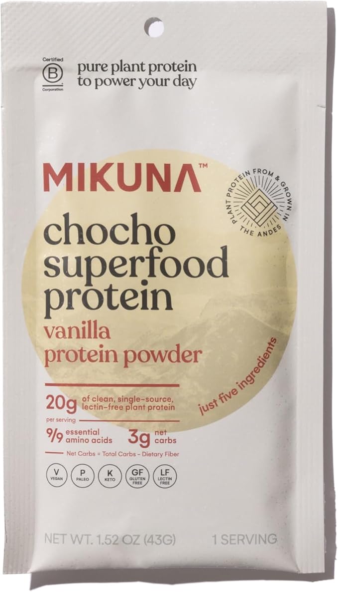 Mikuna Chocho Superfood Protein, Plant-Based Protein Powder, Travel Packs - Vegan, Gluten Free, 3g Net Carbs or Less, and Bioavailable, Non-Isolate (8 Servings, Vanilla)